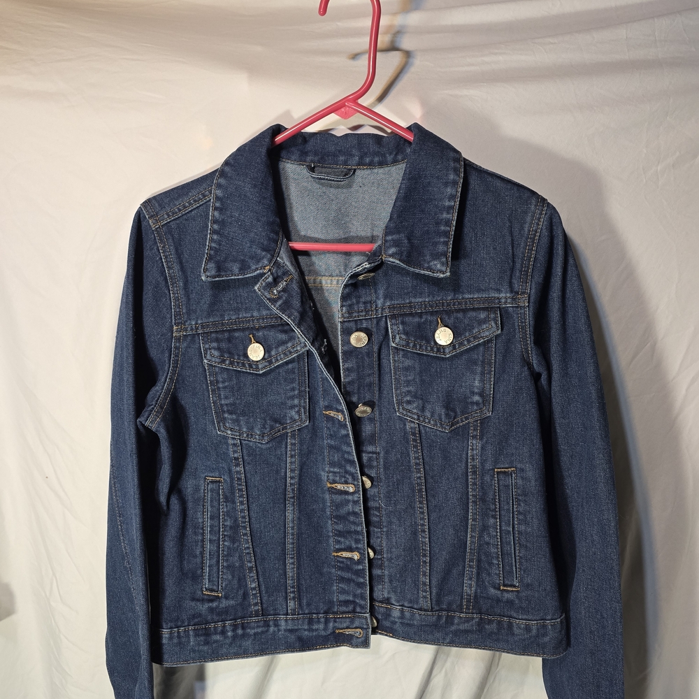 Women's Dark Blue Denim Jacket with Button Front - Picture 1 of 4